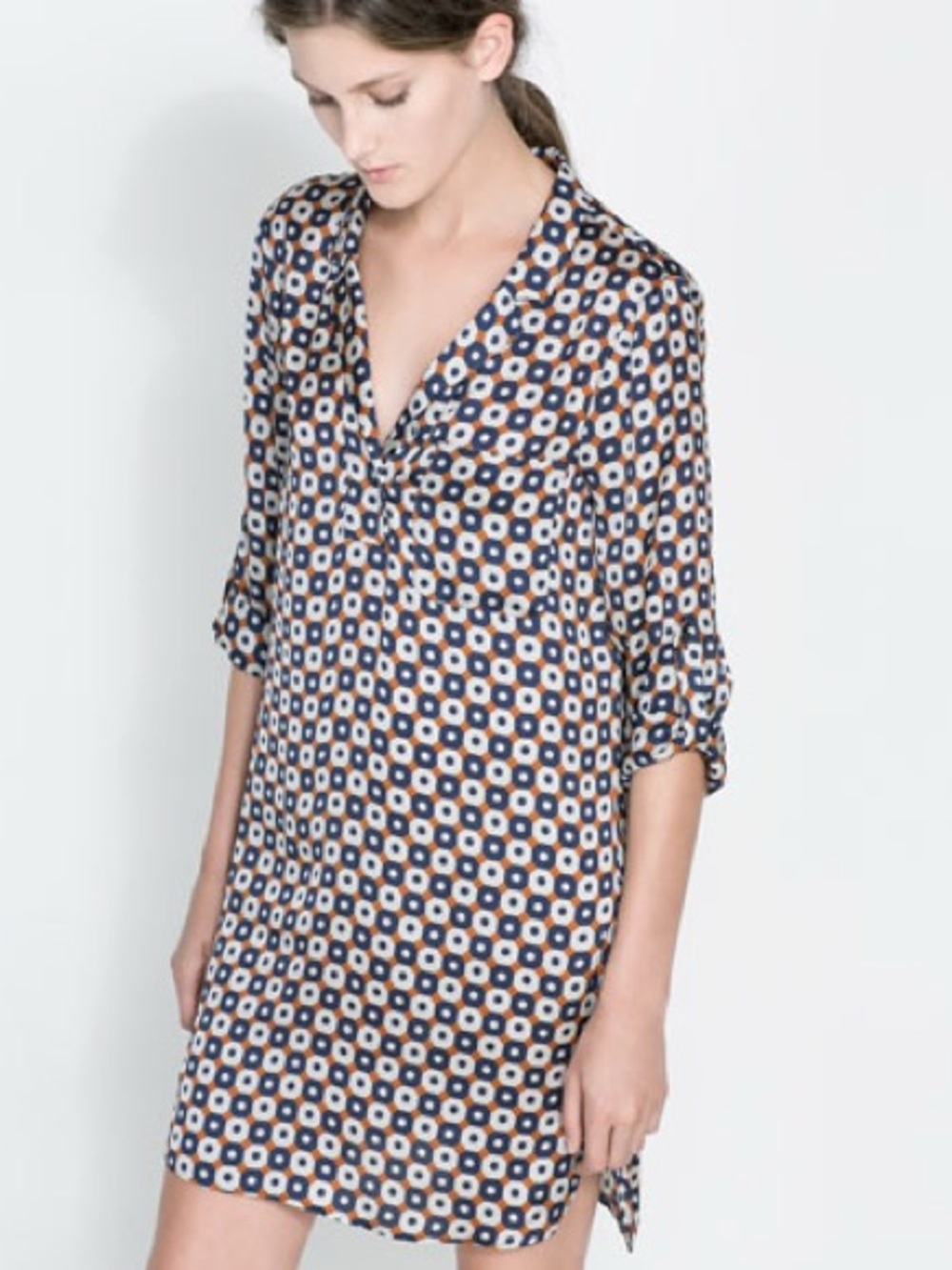 Zara Geometric Print Tunic Dress in Navy, Cream & Rust M